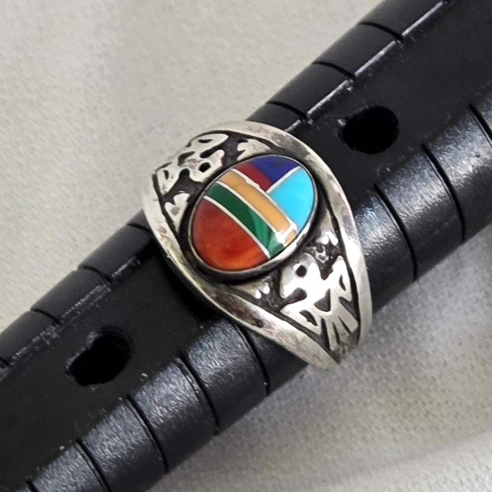 Vintage Southwestern Sterling Silver Multi-Stone Inlay Thunderbird Ring Size 6.5